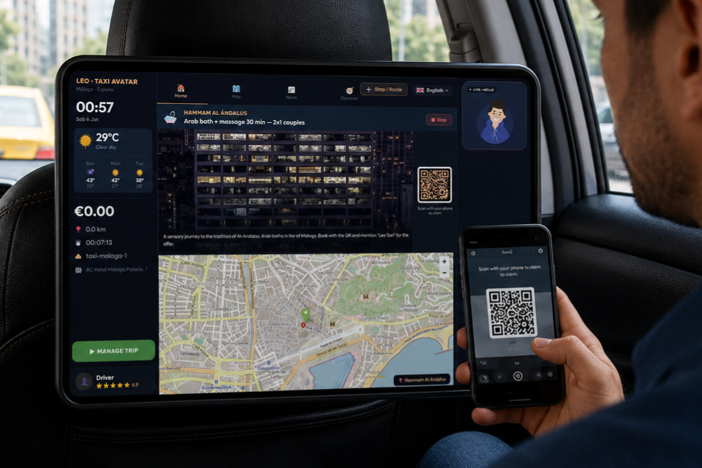 Passenger scanning a QR code offer from the Leo tablet